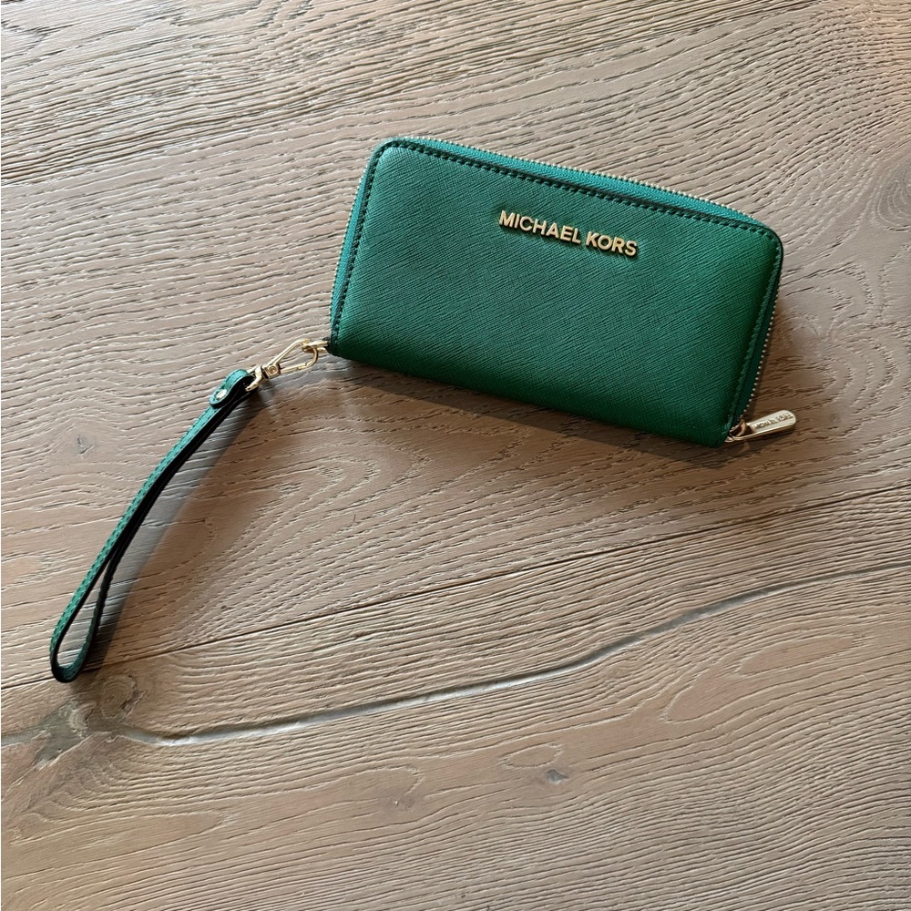 Michael Kors Green Zip Around Wallet with Wrist Strap